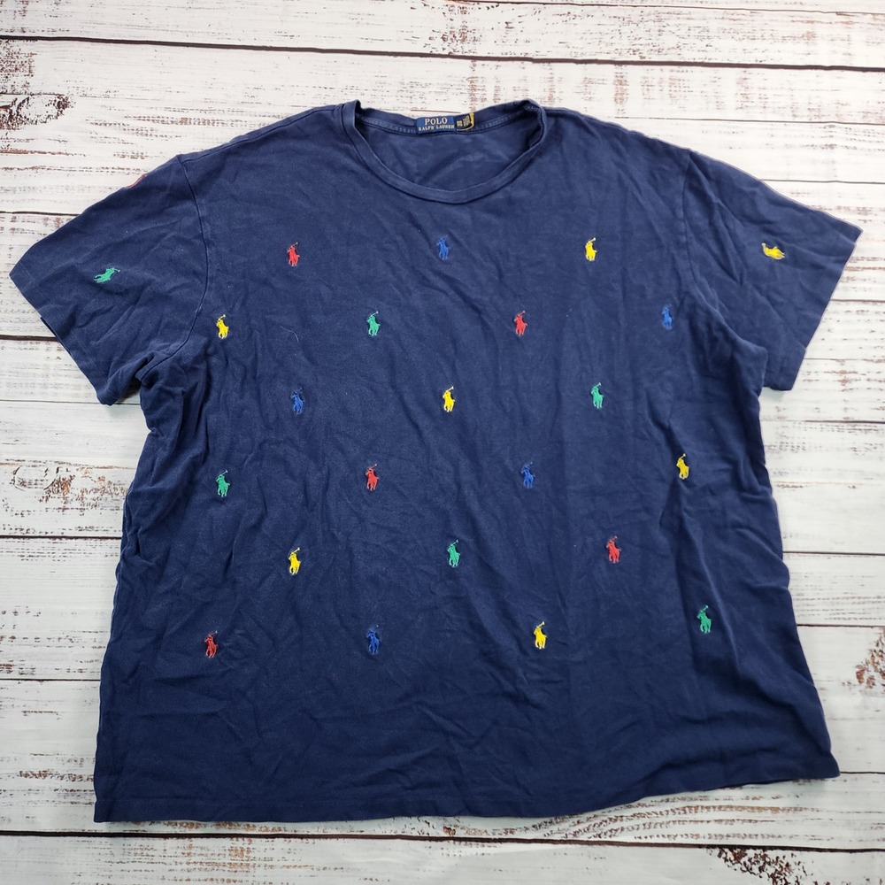 Polo Ralph Lauren Allover Pony Mesh T-Shirt Mens 3XB Navy Multicolor Embroidered